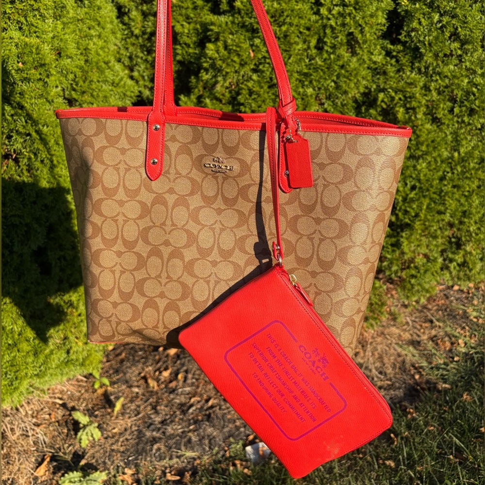 Coach Tan and Red Signature Tote Bag